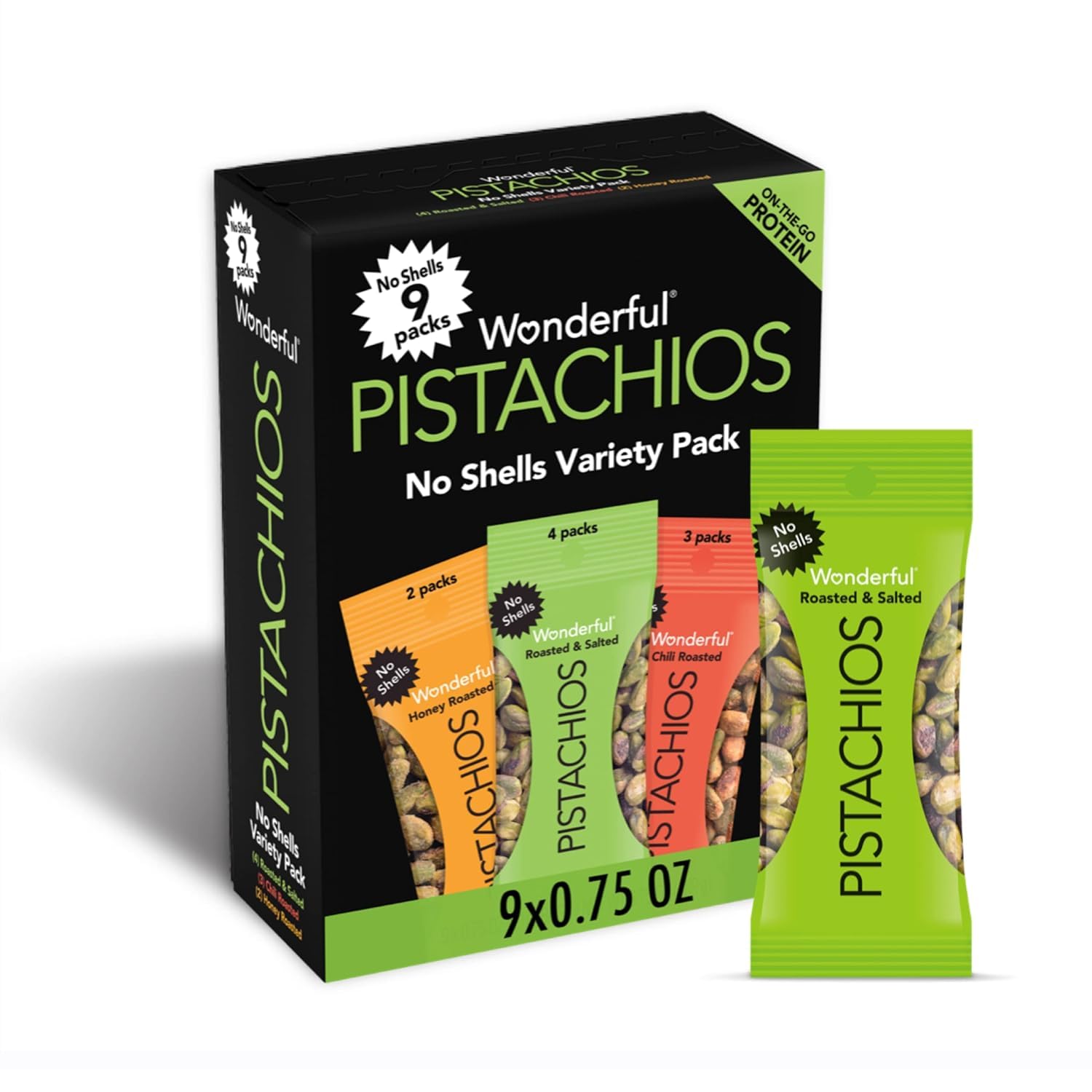 Wonderful Pistachios No Shells, 3 Flavors Mixed Variety Pack of 9 (0.75 Ounce), Roasted  Salted Nuts (4), Chili Roasted (3), Honey Roasted (2), Protein Snacks, On-the-Go, Individually Wrapped Healthy Snacks